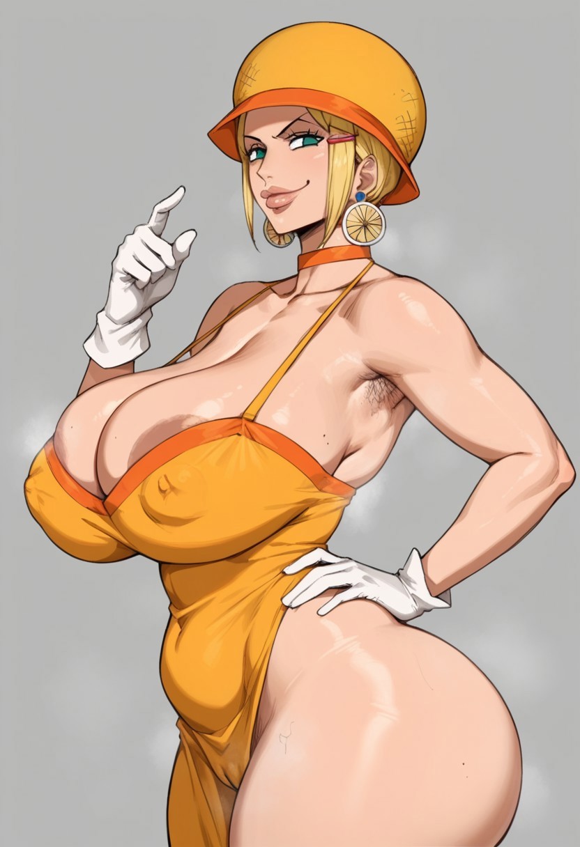 1girl, ai generated, areola, areola slip, areolae, armpit hair, ass, big breasts, blonde hair, cameltoe, dress, fat ass, female, female focus, female only, huge breasts, looking at viewer, mikita (one piece), miss valentine, one piece, sagging breasts, sfw, simple background, smug, solo, solo female, solo focus, taiga20, thick thighs, thighs, toned, toned body, toned female