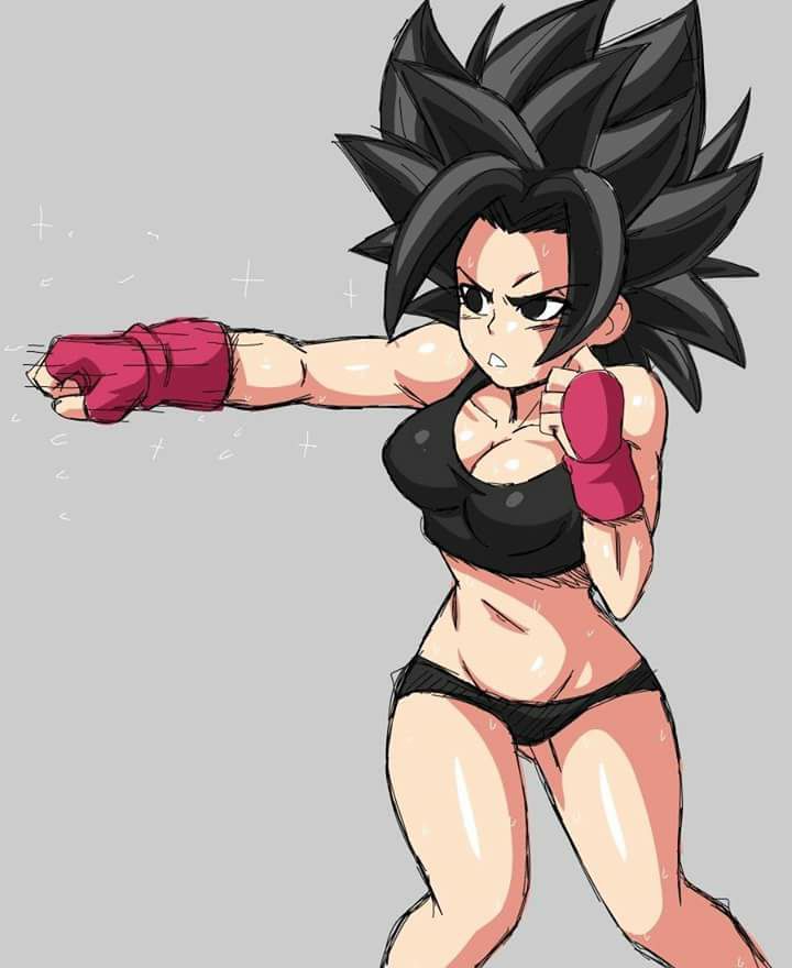 1girls, alone, bare shoulders, black eyes, black hair, breasts, caulifla, cleavage, dragon ball, dragon ball super, female, gloves, grey background, light skin, light-skinned female, long hair, navel, panties, punching, saiyan, solo, spiky hair, stomach, tank top, thighs, training