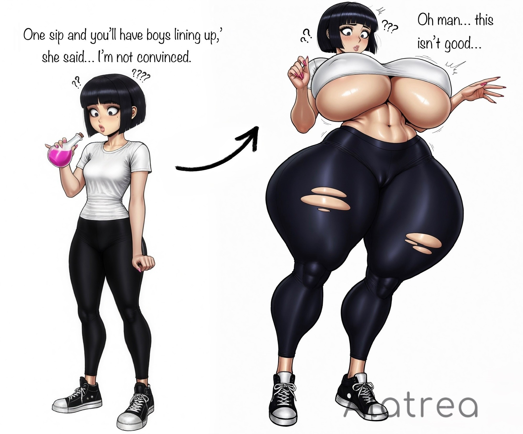 1girls, ai generated, alatrea, ass, ass expansion, before and after, bimbofication, black hair, blush, bottom heavy, breast expansion, breast growth, breast growth (enlargement), breasts, breasts bigger than head, bursting breasts, clothes too small, confusion, curvy, dark eyes, erect nipples under clothes, expansion, female, gigantic ass, gigantic breasts, gigantic butt, gigantic thighs, growth, height growth, hips wider than shoulders, huge breasts, huge hips, huge thighs, midriff, milfification, narrow waist, petite female, potion, ripped clothing, shocked expression, skinny female, small clothes, thick ass, thick calves, thick hips, thick legs, thick thighs, thigh expansion, torn clothes, transformation, underboob, voluptuous, wardrobe malfunction, weight gain