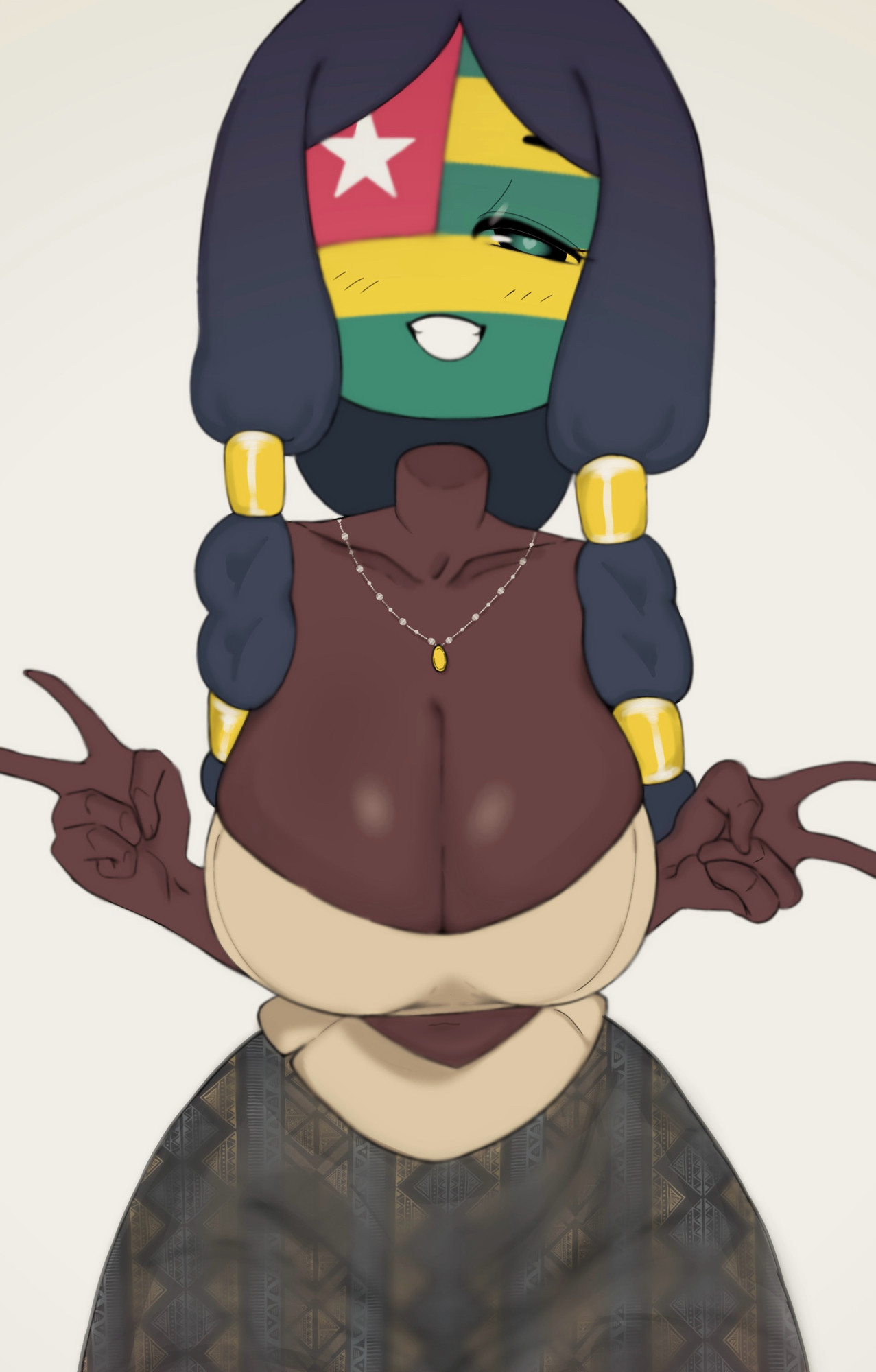 1girls, 2025, african female, big breasts, breasts, clothed, clothed female, clothing, countryhumans, countryhumans girl, dark skin, dark-skinned female, facing viewer, female, female focus, female only, flawsy, green eyes, heart, heart-shaped pupils, looking at viewer, peace sign, smile, tagme, togo (countryhumans), white background