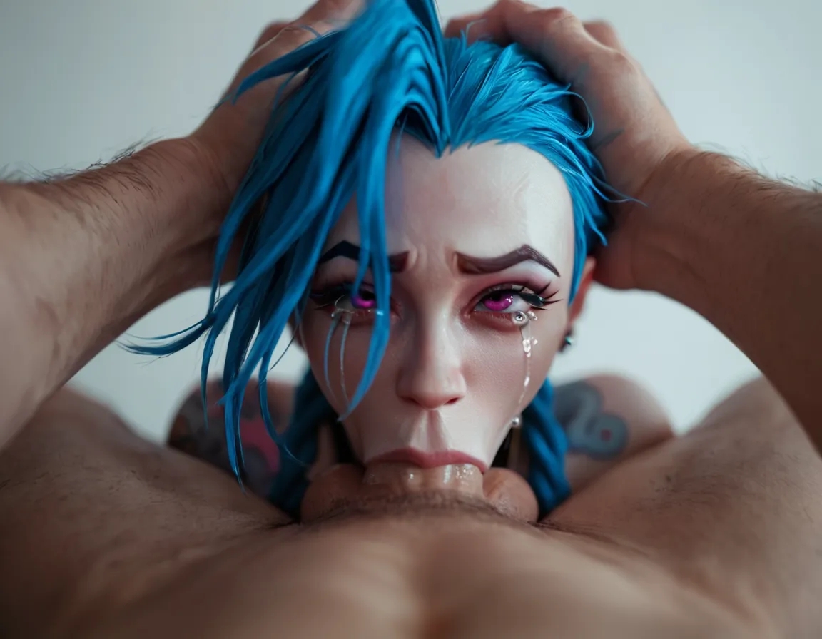 1boy, 1girls, ai generated, asphyxiation, athletic, athletic female, blowjob, blue hair, choking on cock, death by penis, deepthroat, eyes rolling back, face fucking, fellatio, female, human, jinx (league of legends), league of legends, light skin, light-skinned male, male, penis, pink eyes, pov, submissive, tears, throat fuck