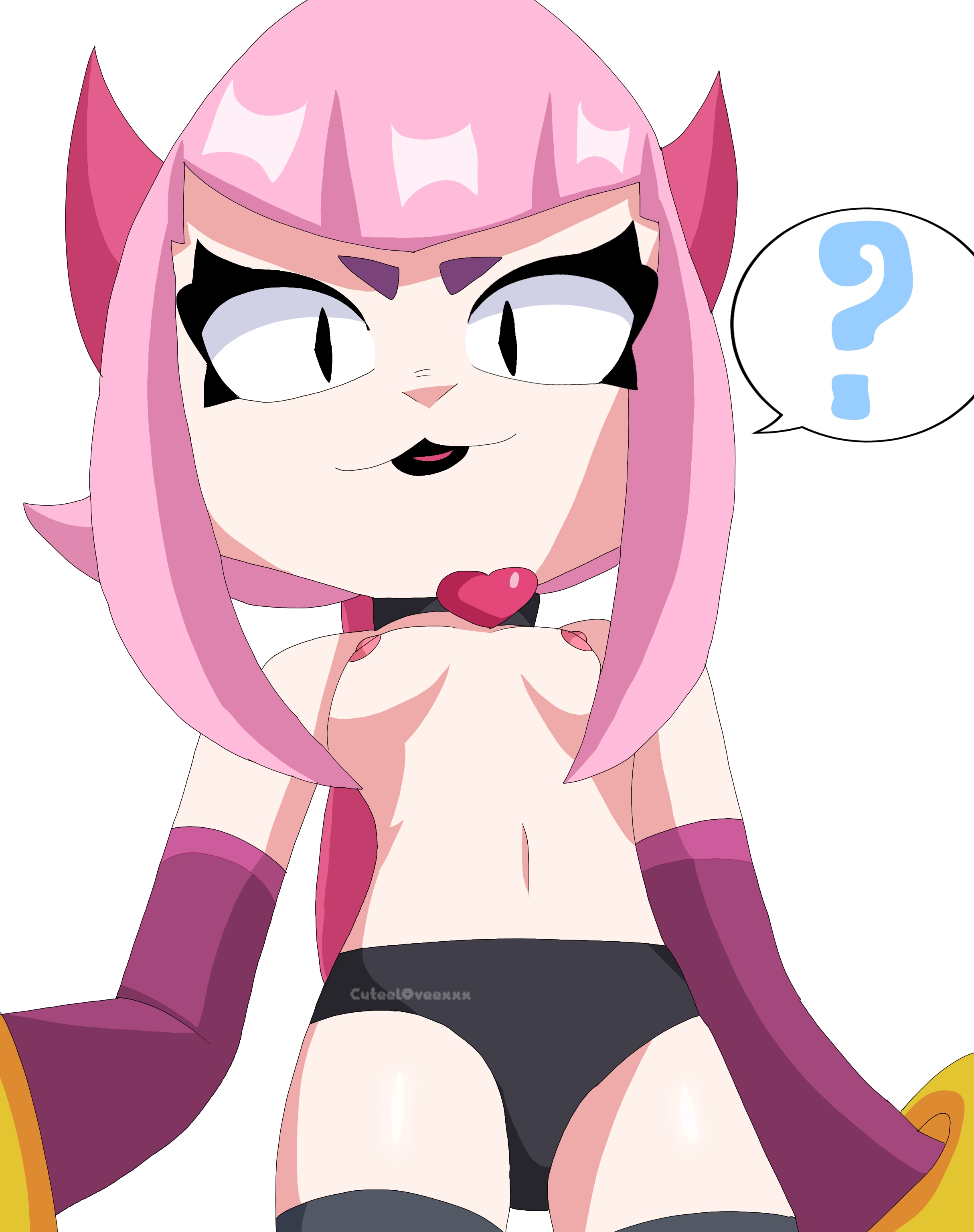 ?, black panties, brawl stars, breasts, cuteel0veexxx, digital drawing (artwork), eyelashes, female, korean female, lipstick, looking at viewer, mascara, melodie (brawl stars), nipples, panties, pink hair, pink short hair, ribbon, self upload, small breasts, supercell, tagme, twitter, twitter username