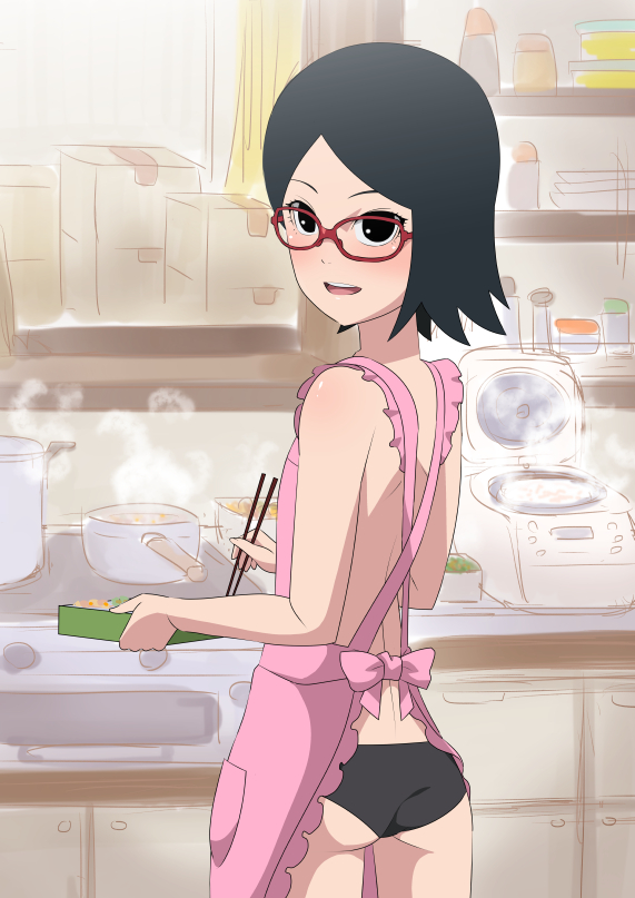 apron, ass, black eyes, black hair, black panties, black underwear, blush, chopsticks, cooking, female, female only, glasses, looking back, naked apron, naruto, naruto (series), open mouth, panties, sarada uchiha, short hair, solo, thighs, underwear