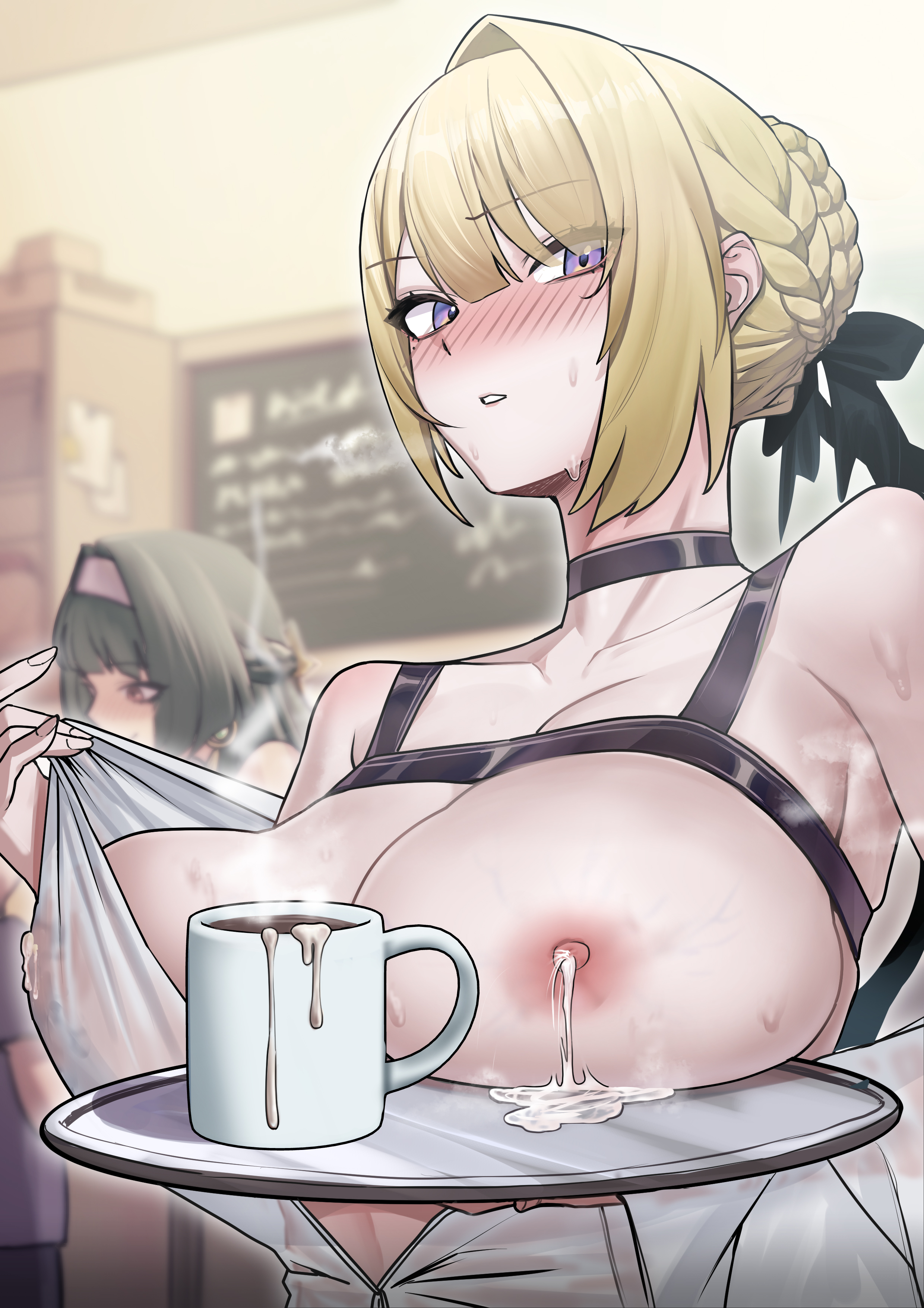 2girls, areolae, astra yao, barista, blonde hair, blush, breast milk in coffee, breasts, cafe, choker, coffee, coffee mug, drink, evelyn chevalier, female, huge breasts, lactation, light skin, light-skinned female, looking at viewer, milk, miltto, nipples, no bra, one breast out, public, public indecency, purple eyes, vein, veiny breasts, zenless zone zero