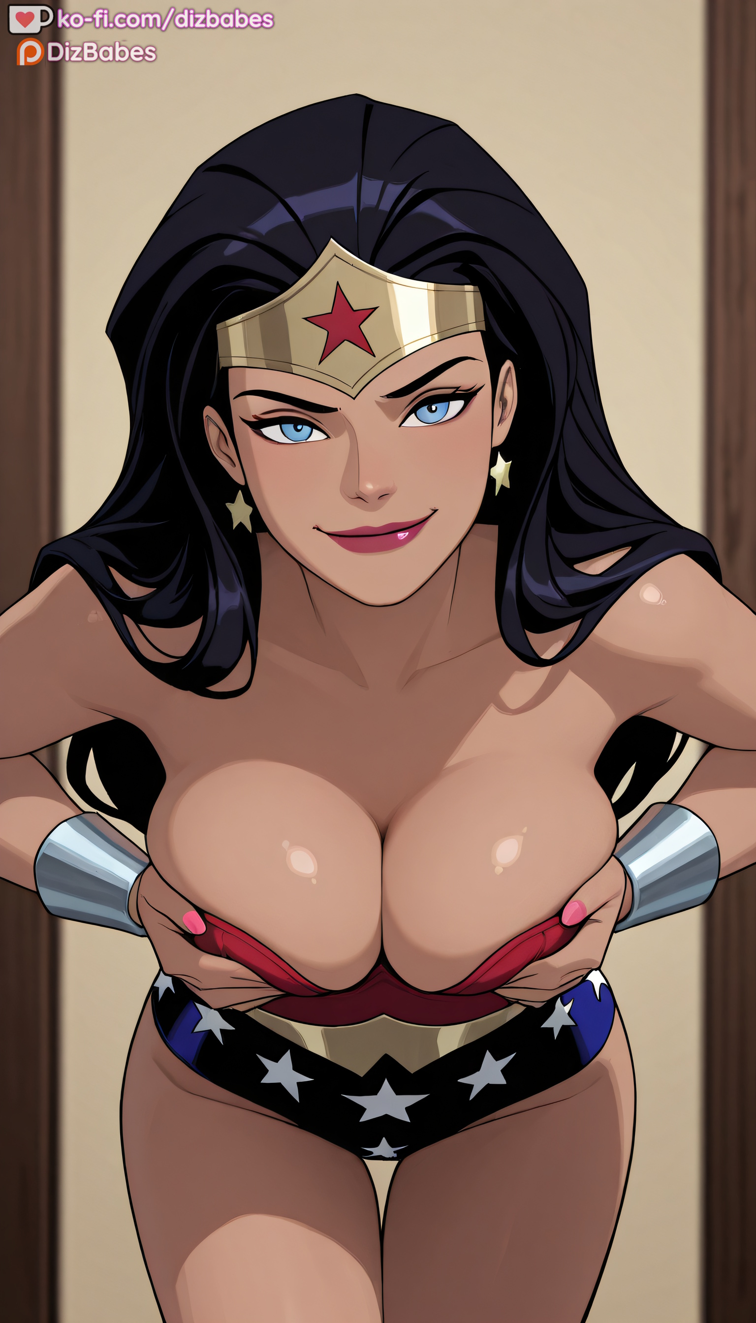 1girls, ai generated, bent over, black hair, blue eyes, breast squeeze, breasts, dc, dc comics, dcau, dizbabes, earrings, female, justice league, looking at viewer, smile, solo female, stable diffusion, tiara, wonder woman, wonder woman (dcau), wristbands