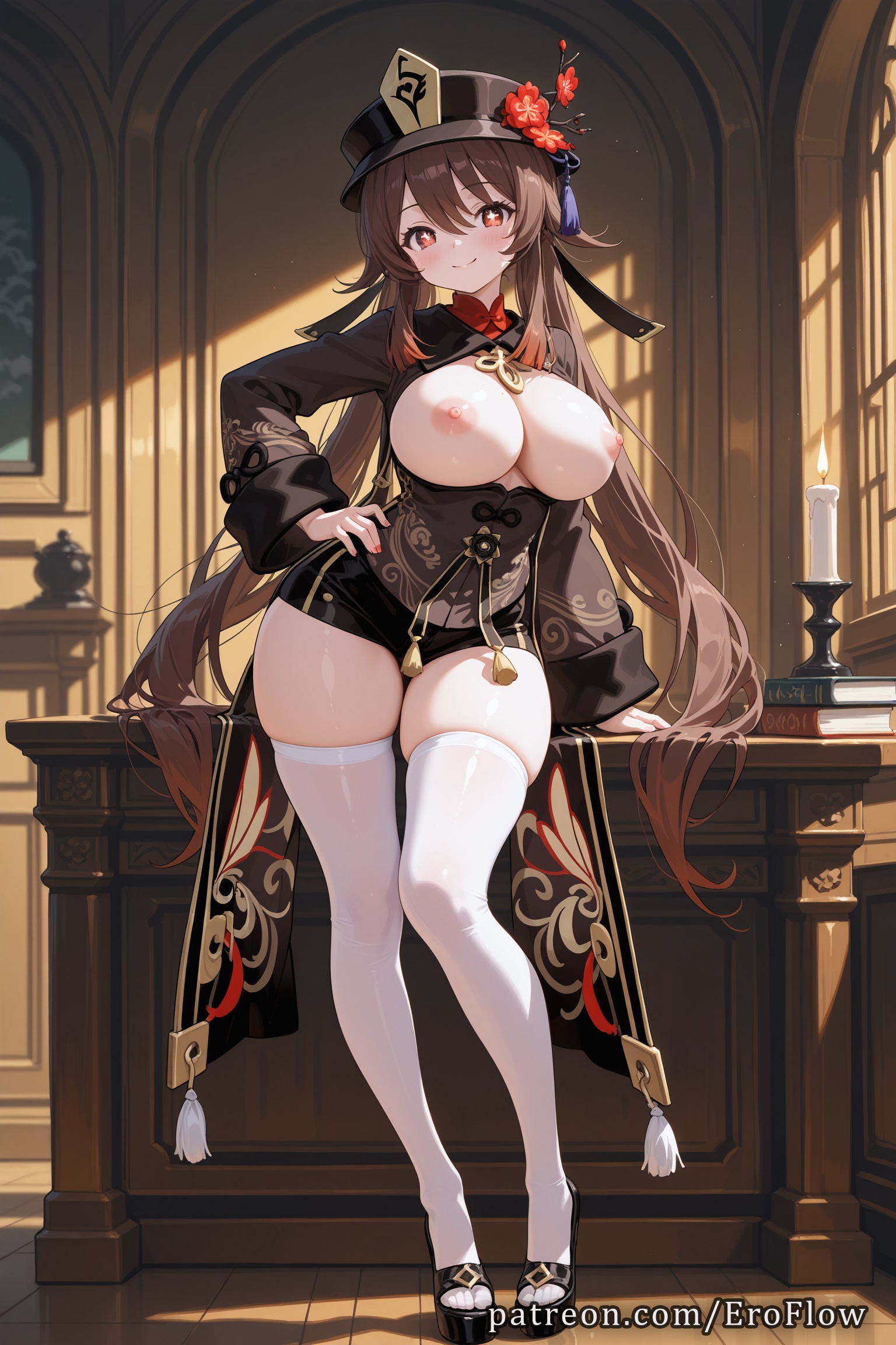 1girls, 2025, ai generated, alternate breast size, bangs, black footwear, black headwear, black shorts, blush, boo tao (genshin impact), breasts, breasts out, brown hair, closed mouth, coattails, eroflow, female, flower, flower-shaped pupils, flowers, full body, genshin impact, hand on hip, hand on own hip, hat, hat flower, hi res, highres, hoyoverse, hu tao (genshin impact), indoors, large breasts, long hair, long sleeves, looking at viewer, mihoyo, mihoyo technology (shanghai) co. ltd., nail polish, nipples, patreon, plum blossoms, red eyes, short shorts, shorts, skindentation, smile, solo, standing, thighhighs, thighs, twintails, very long hair, voluptuous, voluptuous female, white thighhighs