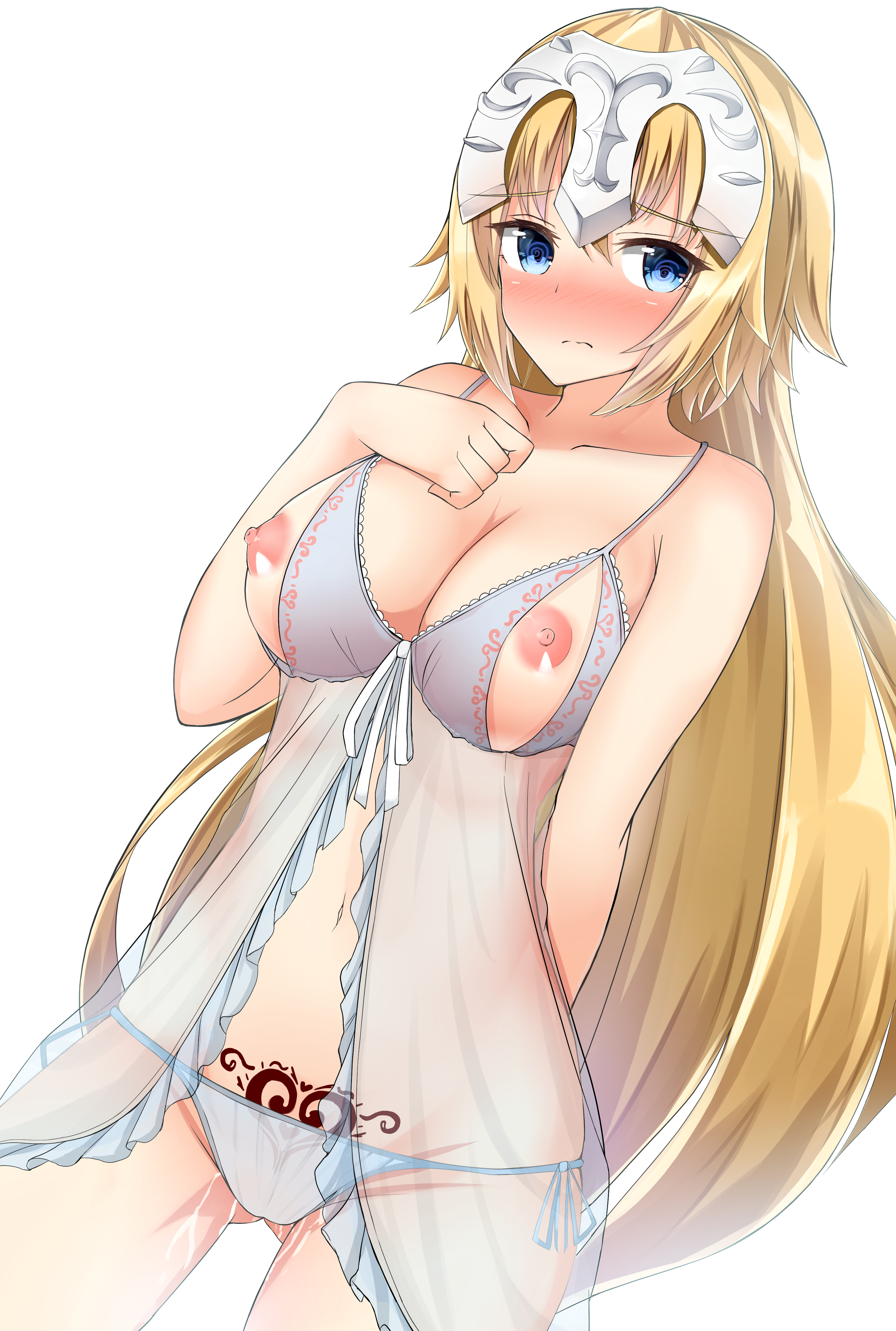 absurdres, arm behind back, babydoll, bangs, blonde hair, blue eyes, blush, breasts, closed mouth, collarbone, cupless babydoll, dutch angle, eyebrows visible through hair, fate (series), fate/apocrypha, female, gluteal fold, hair between eyes, hand on own chest, headpiece, heart tattoo, highres, jeanne d'arc (fate), large breasts, long hair, looking at viewer, moyoron, navel, negligee, nipples, panties, pubic tattoo, see-through, side-tie panties, simple background, solo, tattoo, thighs, underwear, white background