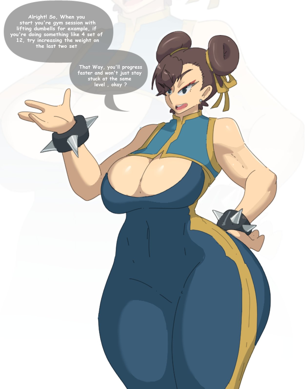 1girls, asian, asian female, capcom, chinese, chinese female, chun-li, cleavage cutout, cleavage window, clothed, clothed male nude female, female, female fighter, leedraw11, light skin, male, mature, mature female, street fighter, thick thighs, thighs