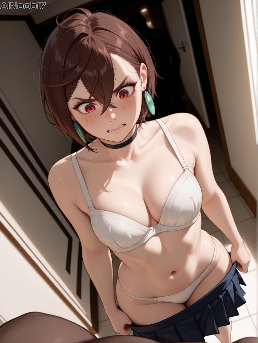 1girls ai_generated ainoob17 ayase_momo brown_hair choker dandadan forced short_hair skirt_down tagme underwear undressing