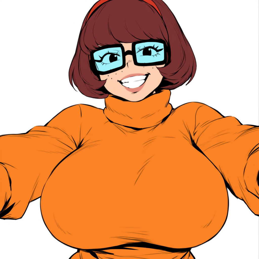 1girls ai_generated alternate_breast_size brown_hair female glasses huge_breasts large_breasts looking_at_viewer mullon novelai scooby-doo solo solo_female solo_focus velma_dinkley