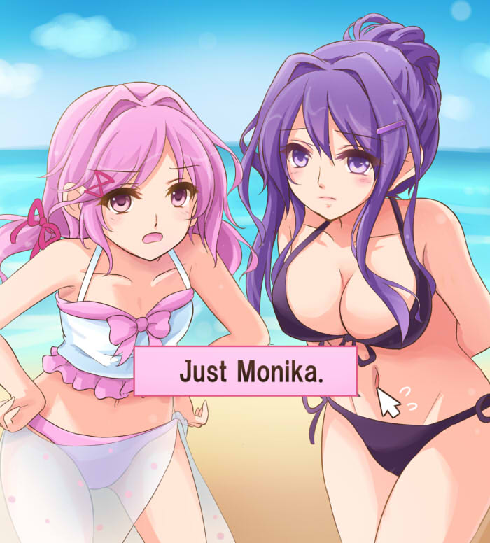 2females 2girls breasts cleavage collarbone ddg65_saratoga doki_doki_literature_club just_monika natsuki_(doki_doki_literature_club) navel pink_eyes pink_hair purple_eyes purple_hair swimwear yuri_(doki_doki_literature_club)