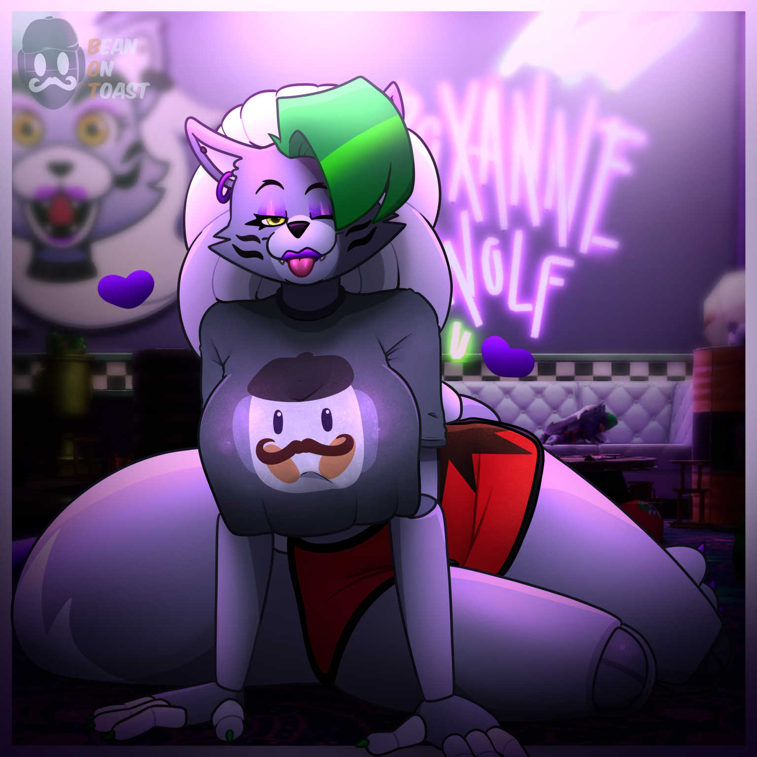 2025 2d 2d_(artwork) 2d_artwork animatronic animatronic_female anthro anthro_female artist_logo artist_name beanontoast big_breasts female five_nights_at_freddy's five_nights_at_freddy's:_security_breach furry furry_female green_hair grey_fur grey_hair robot robot_girl roxanne_wolf_(fnaf) shorts thick_thighs