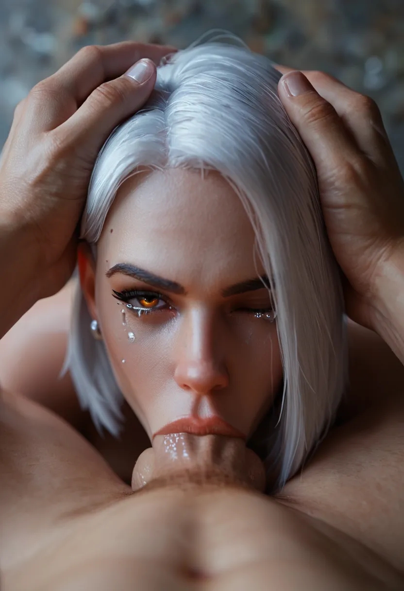 1girl1boy ai_generated ashe_(overwatch) blowjob choking_on_cock deepthroat eye_contact fellatio overwatch pov skinny_girl submissive tears