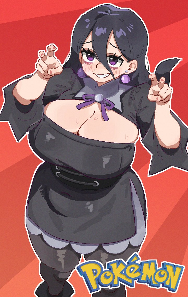 1girls big_breasts black_dress black_hair blush breasts cleavage denfeltpen dress ear_piercing earrings female female_only game_freak hair hex_maniac hex_maniac_(z-a) huge_breasts long_hair pokemon pokemon_legends:_z-a purple_eyes smile solo solo_female sweat sweatdrop