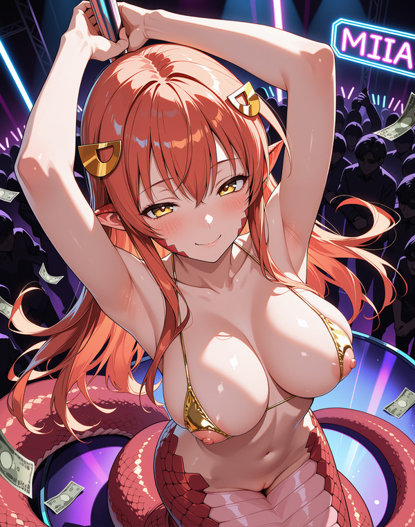 1girls ai_generated amber_eyes arms_above_head belly_button big_breasts bikini_top bikini_top_only blush breasts dancing female female_focus hair hair_ornament lamia large_breasts long_hair miia_(monster_musume) monster_girl monster_musume monster_musume_no_iru_nichijou moondroch navel nipple_cutout nipple_holes nipples pole pole_dancing pussy red_hair smile solo_focus stripper_pole