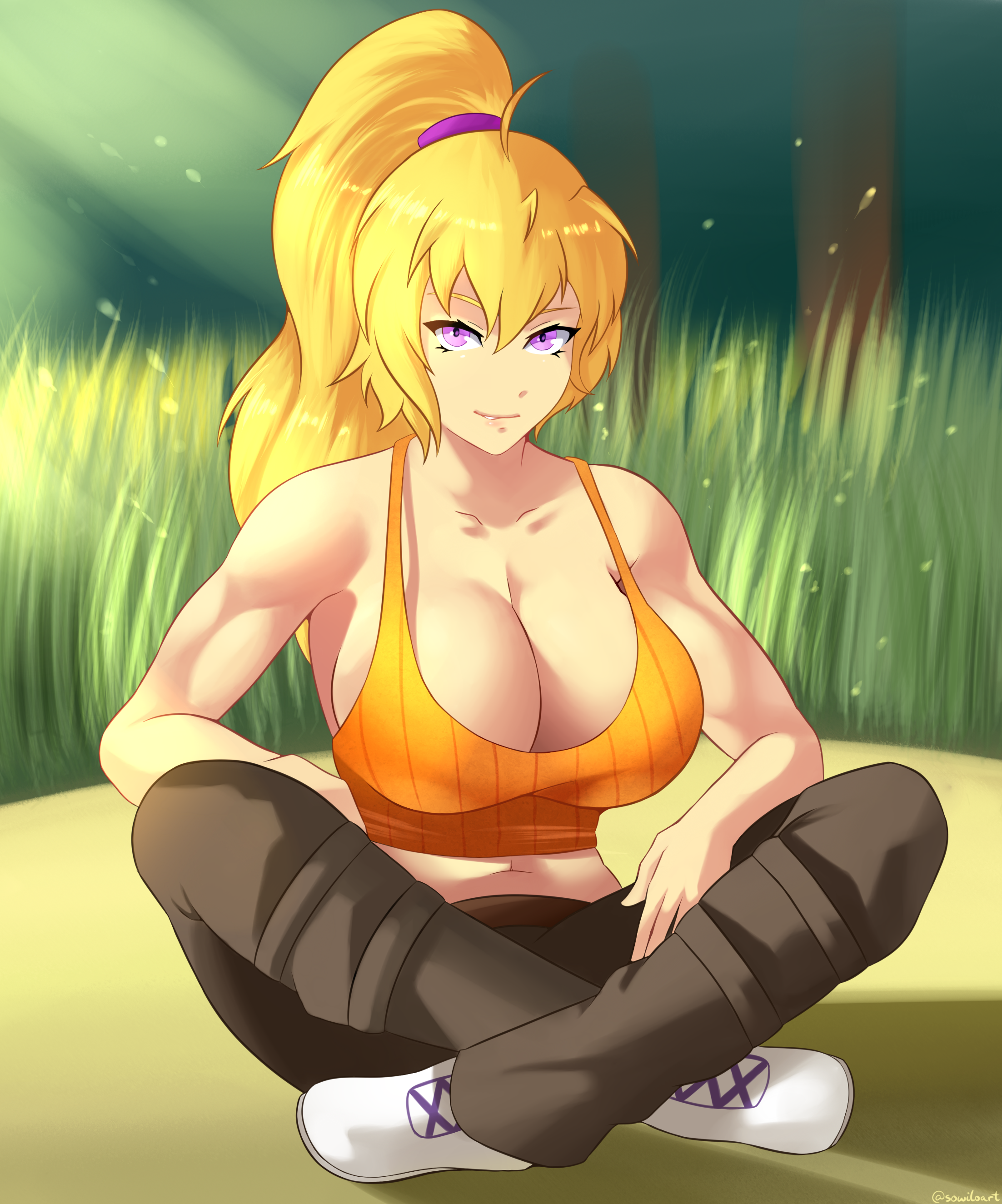 blonde hair, breasts, cleavage, female, female only, fully clothed, large breasts, long hair, midriff, muscles, ponytail, purple eyes, rwby, solo, sowilo, tank top, yang xiao long