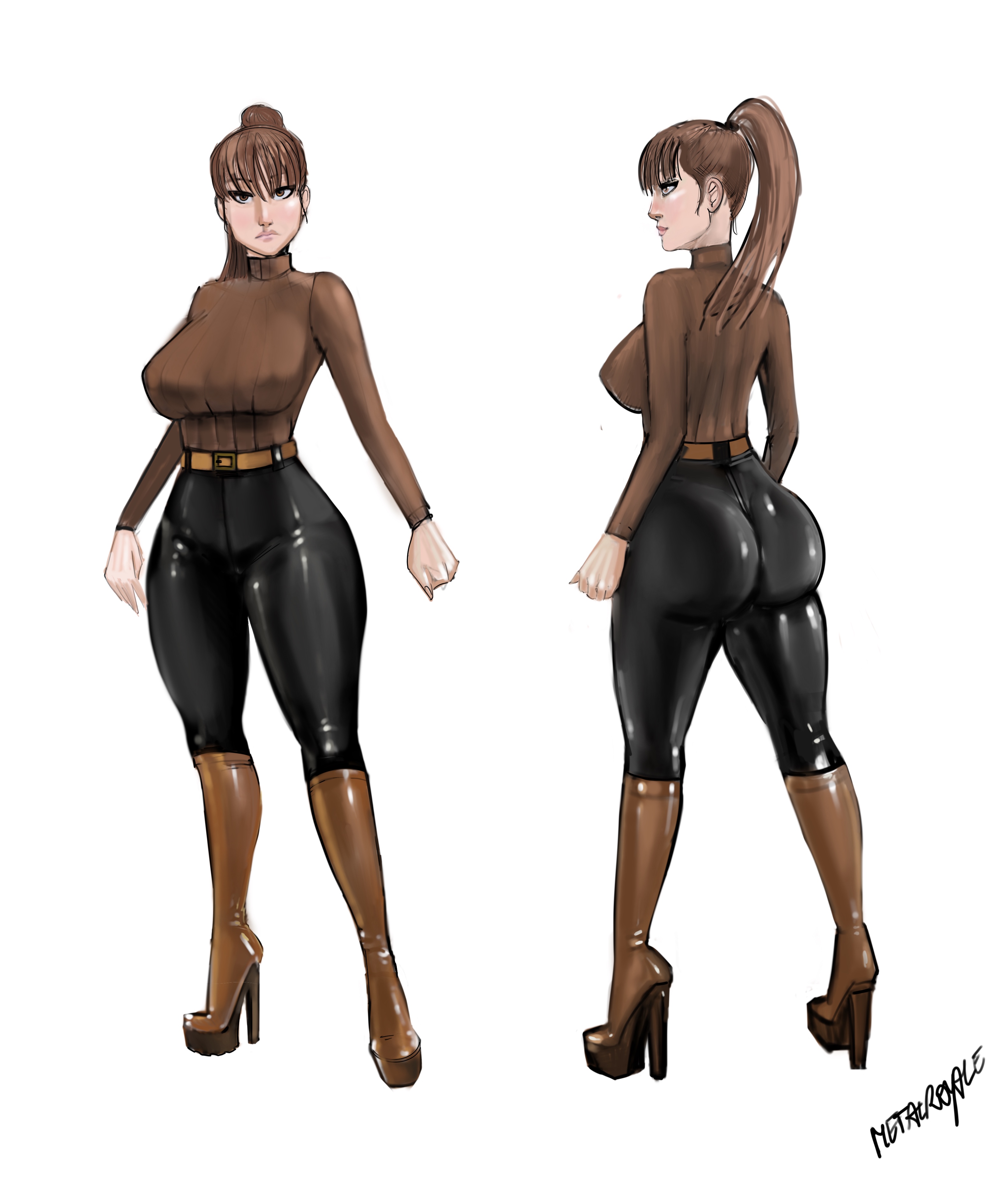 belt, boots, brown hair, female, female only, fully clothed, high heels, iron doomer, knee boots, latex, latex clothing, latex leggings, latex legwear, platform heels, ponytail, shiny clothes, simple background, standing, tight clothing, very high heels, white background