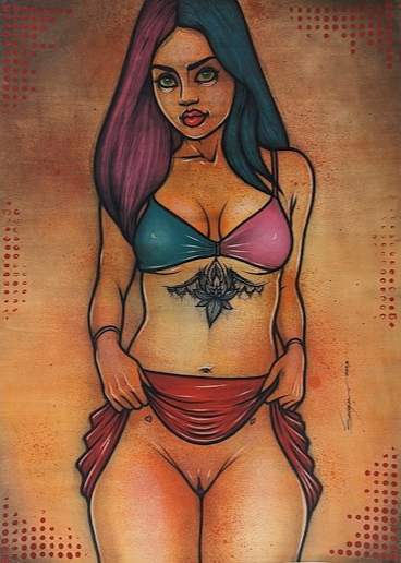 blue_hair chest_tattoo female female_focus female_only flashing_pussy flower_tattoo george_shmeykal green_eyes jiri_smejkal no_panties painting_(artwork) purple_hair red_skirt simple_background split_color_hair tattoo