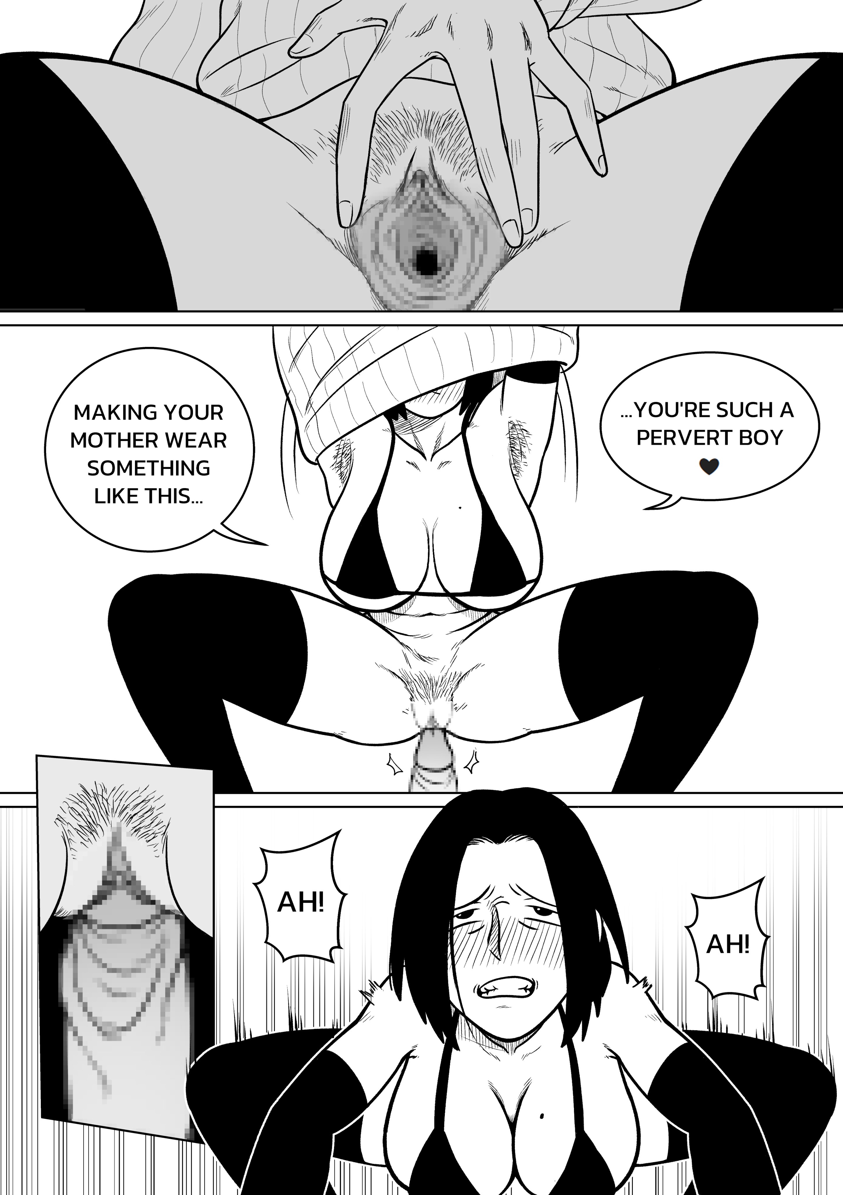 1boy, 1boy1girl, 1girls, 2d, alamama, armpit hair, armpits, armwear, big breasts, bikini top, black and white, blush, blush lines, breasts, clitoral hood, clitoris, closed eyes, comic, comic page, cowgirl position, female, female penetrated, hanging breasts, incest, large breasts, legs, legs apart, legs open, male, male penetrating, male penetrating female, male/female, mother, mother and son, older female, penis, penis in pussy, pha (alamama), pussy, pussy lips, son, spread pussy, squatting, squatting cowgirl position, sweater, thighhighs, undressing, white background