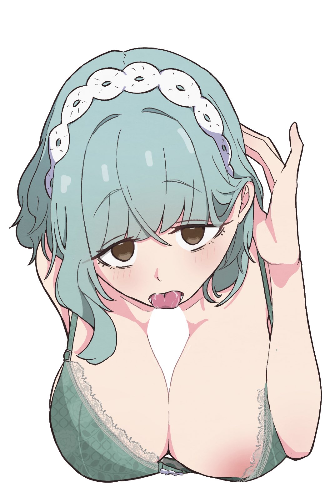 adjusting hair, bra, breasts, censored, female, green hair, headband, implied paizuri, kimi no koto ga dai dai dai dai daisuki na 100-nin no kanojo, nemui nemu, oral, paizuri, pizzayanopunch, short hair