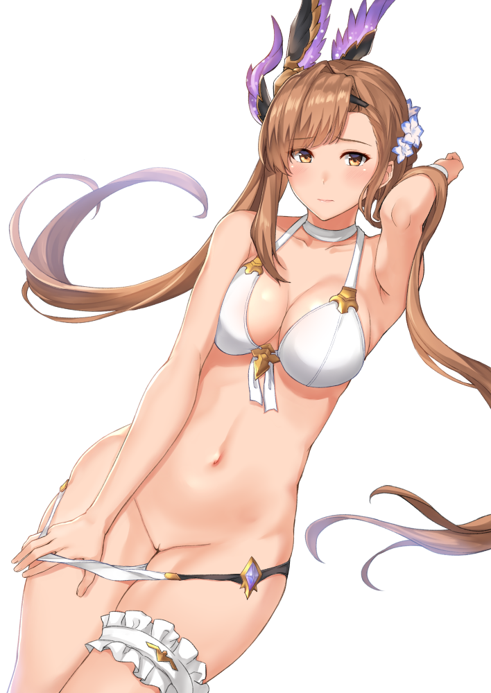 1girls arm_up bikini blush bracelet breast_squeeze breasts brown_eyes brown_hair choker cleavage dutch_angle embarrassed flower garters granblue_fantasy groin hair_flower hair_ornament jewelry legs_together long_hair looking_at_viewer medium_breasts navel panties panty_pull pussy solo song_(granblue_fantasy) swimsuit terry_(pixiv3274443) twintails underwear white_background