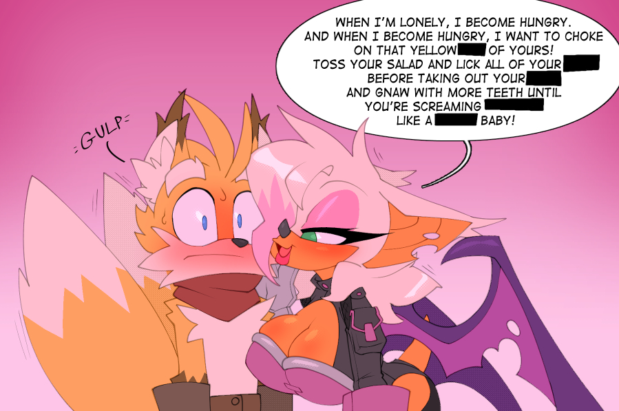 2020 2_tails aged_up alternate_costume anthro bedroom_eyes big_breasts bigdad blush blush bottomwear breasts canid canine censor_bar censored chiropteran cleavage clothed clothing couple death_by_snoo_snoo duo english_text female fox funny fur furry furry_only gloves hair hair_over_eye hand_on_face handwear helluva_boss hi_res horny horny_female hotpants knee_pads long_tongue male male/female mammal meme midriff multi_tail narrowed_eyes older_female older_male one_eye_obstructed rouge_the_bat seducing seductive seductive_gaze seductive_look seductive_smile sega shorts sonic_(series) speech_bubble squish swearing sweat tail tails tails tails_the_fox teasing text thirsty tongue wings