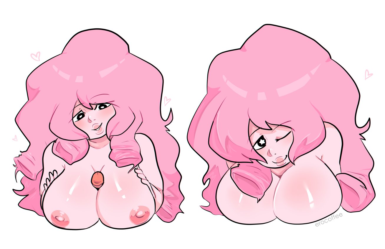 1boy, 1girls, big breasts, breasts, erocoffee, female, long hair, male, nipples, paizuri, penis, penis between breasts, pink hair, pink nipples, plump labia, rose quartz (steven universe), steven universe