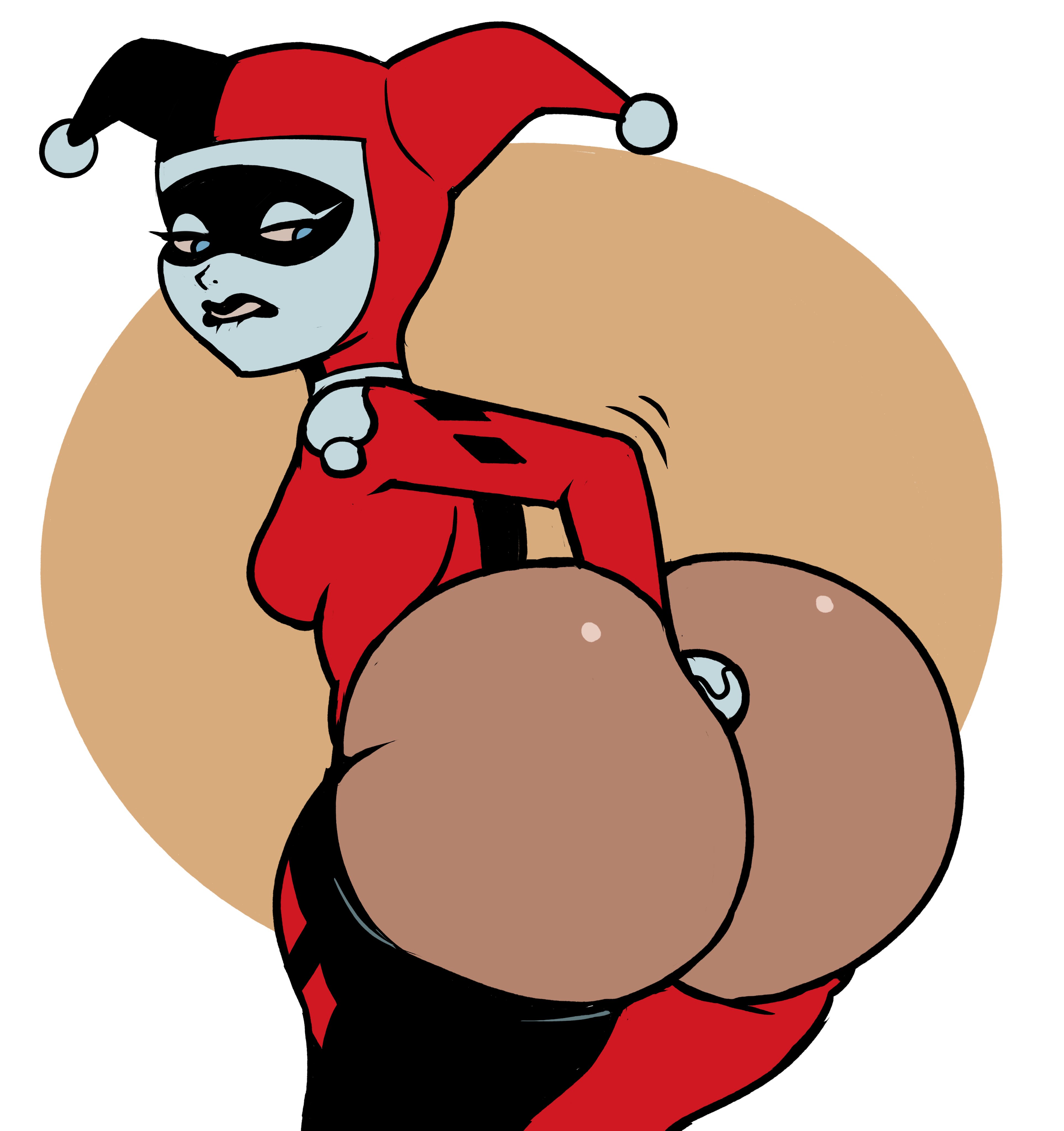 1girls, ass, ass bigger than head, autofisting, bare ass, batman (series), batman: the animated series, big ass, biting lip, biting own lip, black lipstick, blue eyes, bubble ass, bubble butt, butt digging, dc, dc comics, digging up in they ass, female, female only, harley quinn, harley quinn (classic), huge ass, light skin, light-skinned female, mask, masturbation, rear view, solo, spaggoot, spaghettiz