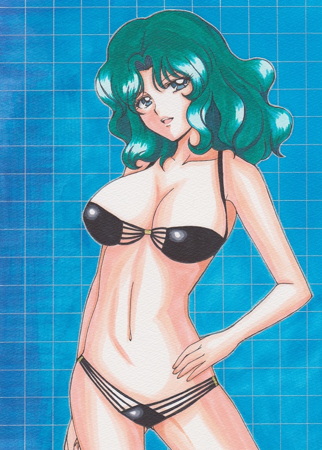 alluring bikini bishoujo_senshi_sailor_moon blue_eyes female female_focus gradient_background michiru_kaiou navel open_mouth rascal_(n119) swimsuit teal_hair wavy_hair