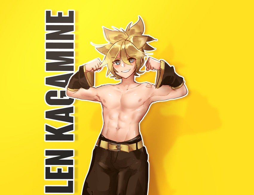 1boy abs belt biceps blue_eyes detached_sleeves flexing kagamine_len looking_at_viewer muscular_male name_tag pecs plain_background shirtless smirking solo toned vocaloid yellow_hair