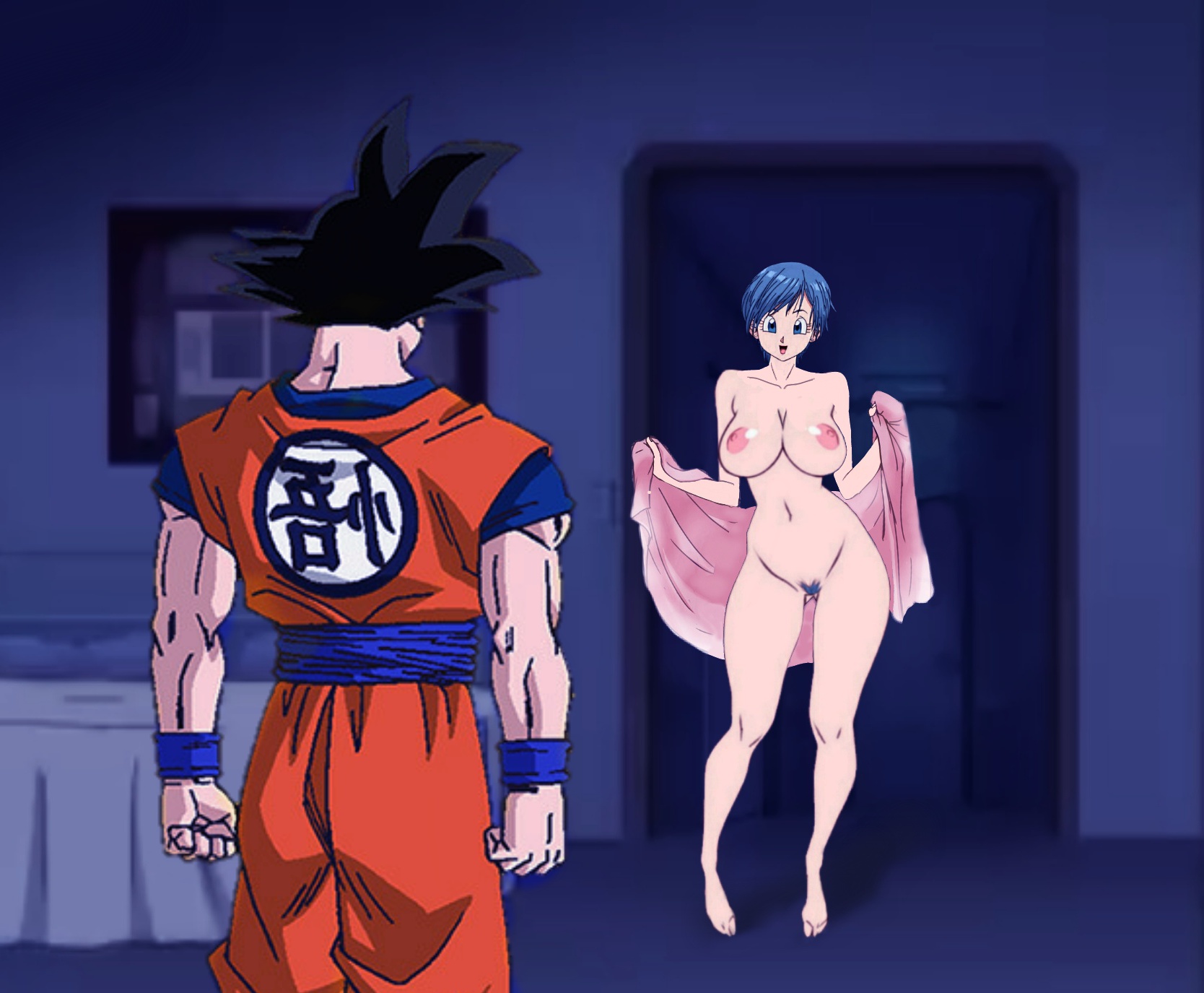 1boy, 1girls, back, bed, bedroom, black hair, blue eyes, blue hair, breasts, bulma briefs, clothes, dragon ball, dragon ball super, erect nipples, feet, female, flashing, human, indoors, large breasts, male, nipples, nude, open mouth, pubic hair, pussy, short hair, smile, son goku, spiky hair, standing, tongue, towel