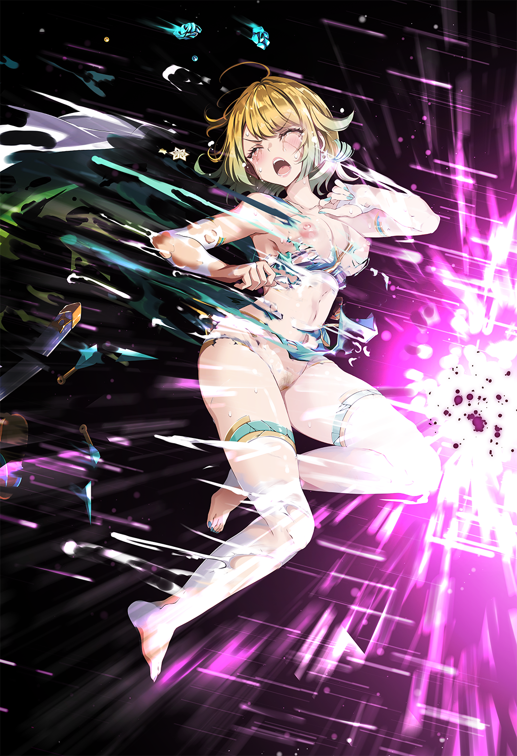 1girls accidental_exposure ahoge alternate_costume angry armpits attack bangs bare_arms bare_shoulders bare_thighs barefoot battle_damage black_background blonde_hair blue_nails blush breasts broken broken_weapon cape chest_sarashi cleavage closed_eyes clothes_lift collarbone crying defeated earrings elbow_gloves exploding_clothes explosion female female_only female_pubic_hair fingerless_gloves fire_emblem fire_emblem_heroes fjorm_(fire_emblem) fjorm_(ninja)_(fire_emblem) flower gloves gradient_hair hair_flower hair_ornament highres holding holding_weapon humiliation incoming_attack jewelry knife kunai looking_to_the_side mask mask_on_head medium_breasts multicolored_hair nail_polish navel nervous ninja nintendo nipples nude nude_female official_alternate_costume open_mouth panties pelvic_curtain pelvic_curtain_lift pubic_hair sandals sarashi scared serious short_hair shuriken skirt_lift slashing solo speed_lines sweat sword teeth thighhighs thighs torn_cape torn_clothes torn_gloves torn_shorts torn_thighhighs tsukishiro_saika underwear unworn_sandals upskirt v-shaped_eyebrows wardrobe_malfunction weapon white_gloves white_mask white_panties yellow_hair zouri