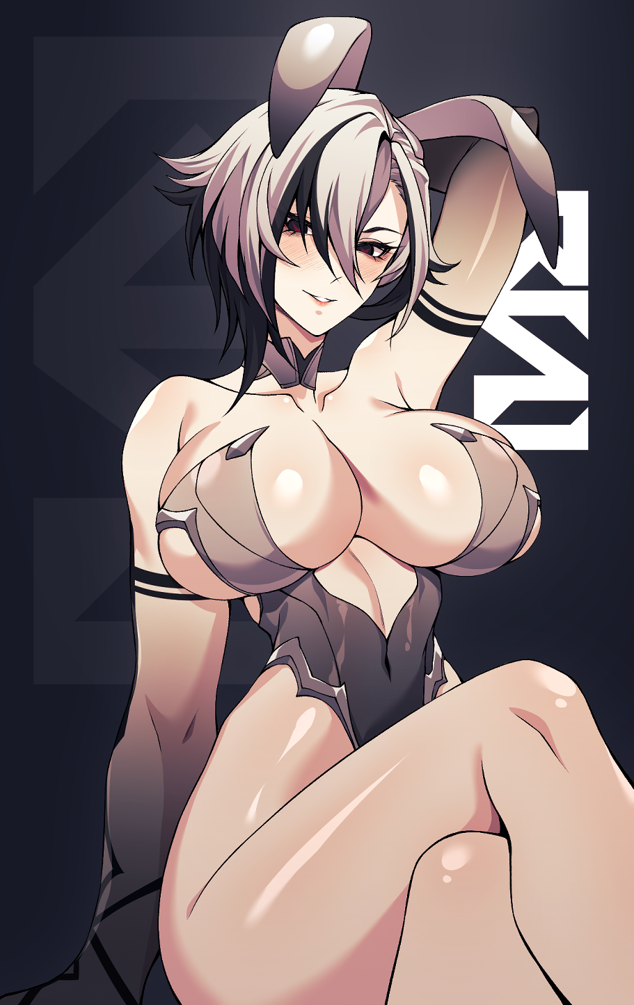 1girls arlecchino_(genshin_impact) big_breasts black_hair blush breasts bunny_ears bunnysuit cero_rains female genshin_impact huge_breasts large_breasts multicolored_hair one_arm_up solo solo_female thick_thighs thighs white_hair