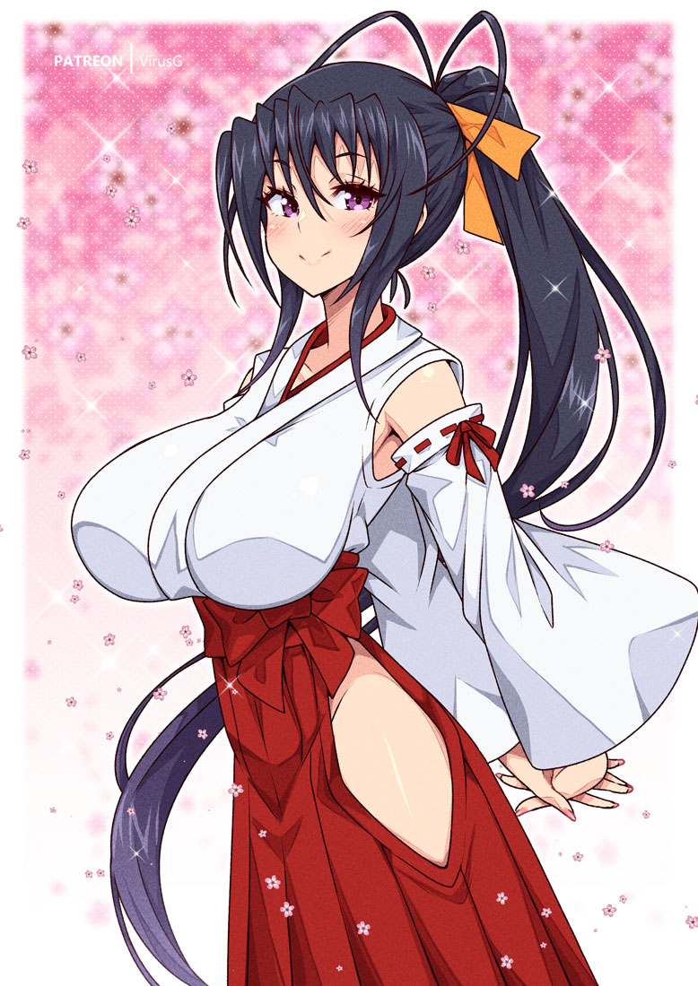 1girls akeno_himejima big_breasts black_hair clothed clothing color female female_focus female_only hi_res high_school_dxd large_breasts light-skinned_female light_skin long_hair looking_at_viewer miko_outfit purple_eyes solo solo_female tagme thick_thighs virus-g