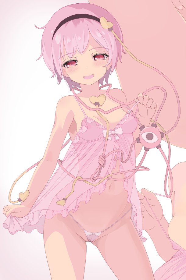 anda inmu, babydoll, bare shoulders, blush, bow, breasts, cameltoe, cowboy shot, erect nipples, female, hairband, half-closed eyes, hamaburicchi, heart, highleg, highleg panties, looking at viewer, micro panties, multiple views, navel, negligee, nipples, panties, pink hair, pink panties, pussy, red eyes, satori komeiji, see-through, short hair, simple background, small breasts, smile, teasing, third eye (touhou), touhou, underwear, white background, white bow