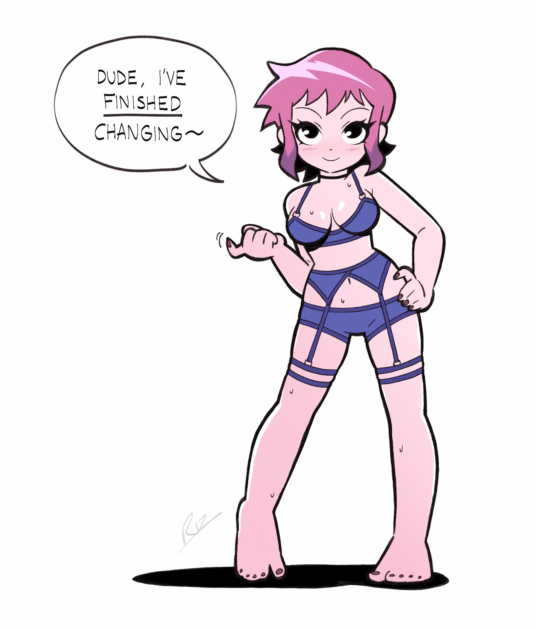 1girls, black eyes, blush, brown nails, female, garter belt, garter straps, hand on hip, light skin, light-skinned female, nail polish, panties, pink hair, purple hair, purple underwear, ramona flowers, rizyrafiq, scott pilgrim, short hair, solo, solo female, sweat, two-tone hair, underwear