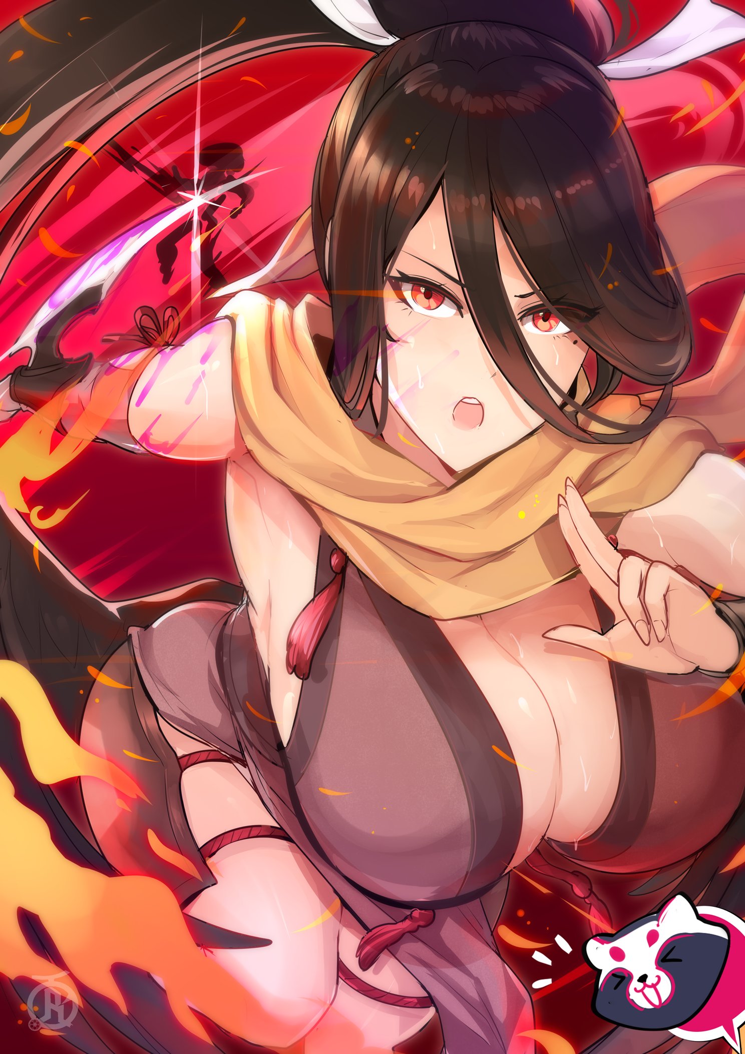1girls, alternate costume, blue archive, breasts, brown hair, cleavage, cosplay, crossover, female, fire emblem, fire emblem fates, hasumi (blue archive), kagero (fire emblem) (cosplay), large breasts, light skin, light-skinned female, long hair, nintendo, red eyes, revolverwingstudios, thighs