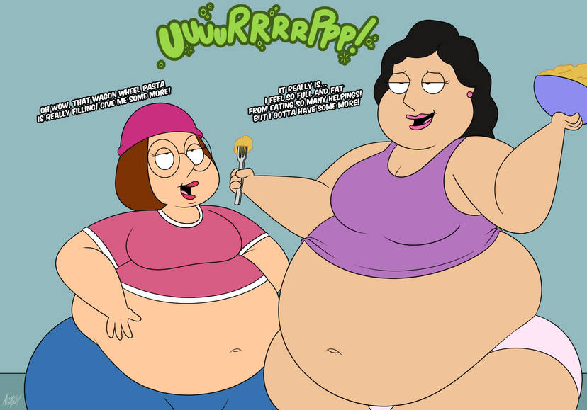 altzegoz_(artist) bloating bonnie_swanson burping eating expansion family_guy fat fat_belly fat_woman food meg_griffin mutual_weightgain obese obese_female onomatopoeia overweight overweight_female ssbbw tight_clothing weight_gain