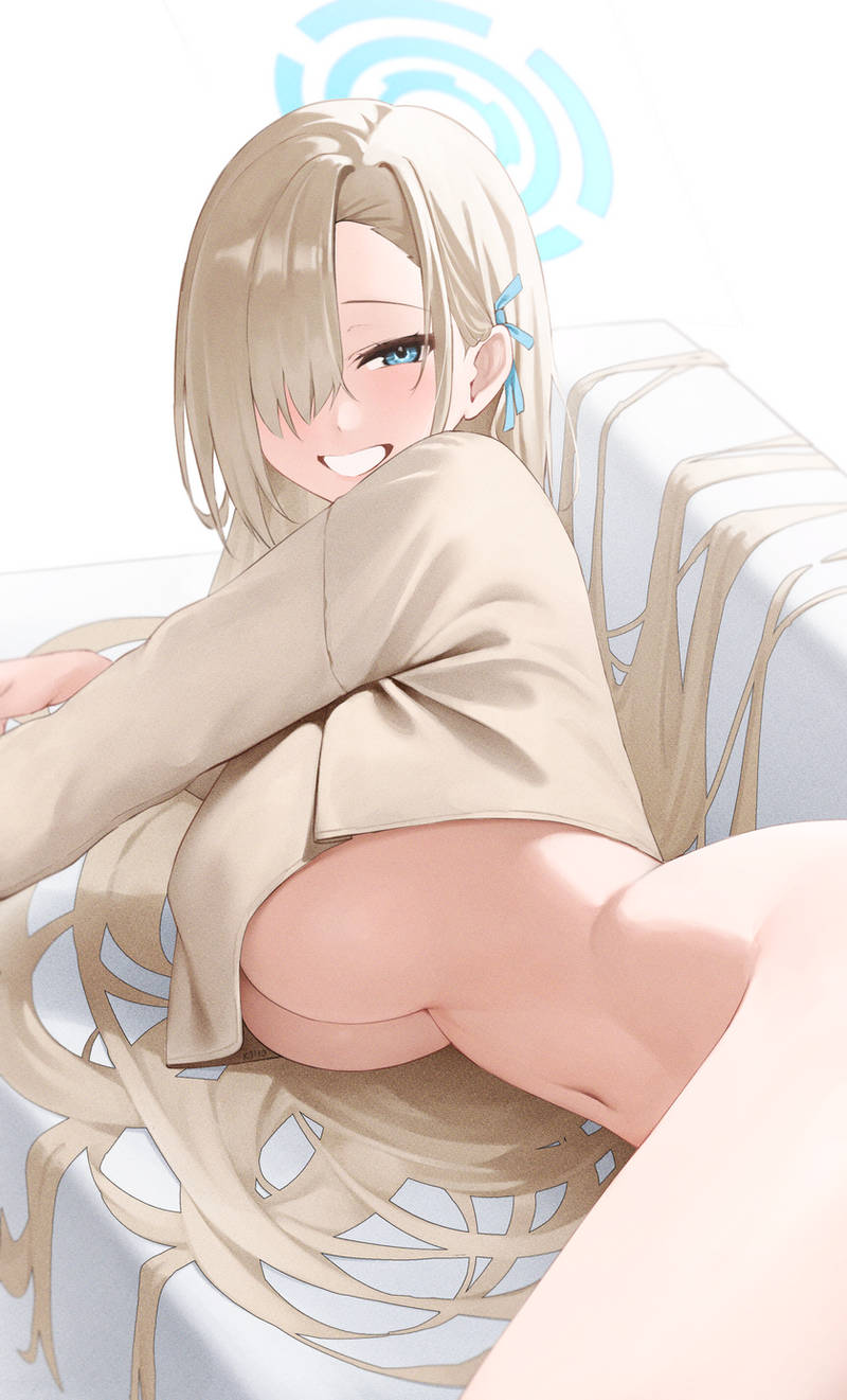 1girls, artist request, asuna (blue archive), blonde hair, blue archive, blue eyes, breasts, female, hair over one eye, hi res, huge breasts, light skin, light-skinned female, long hair, smile, underboob