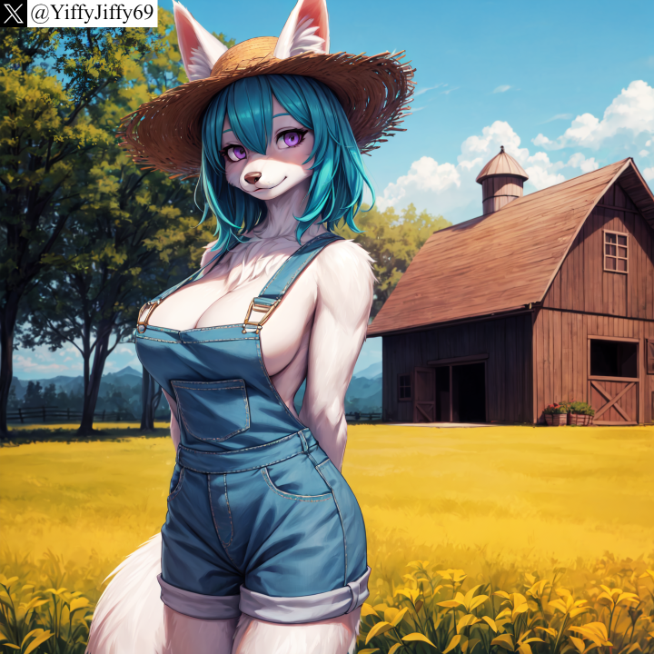 ai_generated animal_ear_fluff animal_ears anthro arms_behind_back artist_name bangs blue_hair blue_overalls blue_sky breasts building canine cleavage closed_mouth cloud cowboy_shot day female fox furry furry_female hair_between_eyes hat house large_breasts looking_at_viewer medium_hair naked_overalls outdoors overalls purple_eyes sky smile solo stable_diffusion standing straw_hat tail tree twitter twitter_username watermark yiffyjiffy69