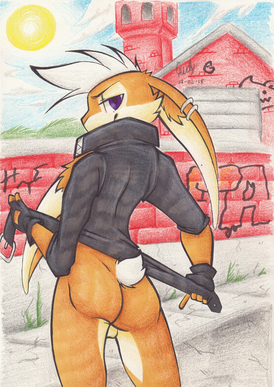 2018 4_fingers alley anthro ass backless_gloves backsack balls bedroom_eyes belt biped black_clothing black_gloves bottomless brick brick_wall building candyshybat cheek_tuft clothed clothing cloud countershade_face countershade_legs countershading day delinquent fingerless_gloves floppy_ears fluffy fluffy_tail fur garage gloves graffiti grass hair half-closed_eyes half-length_portrait hi_res holding_clothing holding_object humanoid_hands inner_ear_fluff jacket lagomorph leather leather_gloves leather_jacket lighting looking_at_viewer looking_back male mammal multicolored_fur open_clothing open_jacket orange_fur outside plant portrait punk purple_eyes rabbit rear_view seductive shadow short_hair short_tail shrub sidewalk signature sky smile smirk smug snout solo standing sun sunlight tan_balls tan_countershading tan_fur tower traditional_media_(artwork) tuft two_tone_fur valenurei white_hair white_tail