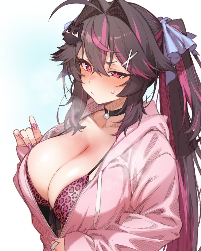 absurdres aigami_himeka animal_print bell bikini blush breasts brown_hair choker cleavage female highres large_breasts leopard_print leopard_print_bikini long_sleeves multicolored_hair neck_bell original pink_eyes pink_hair solo streaked_hair sweatdrop swimsuit twintails unzipping yagi_(ningen)