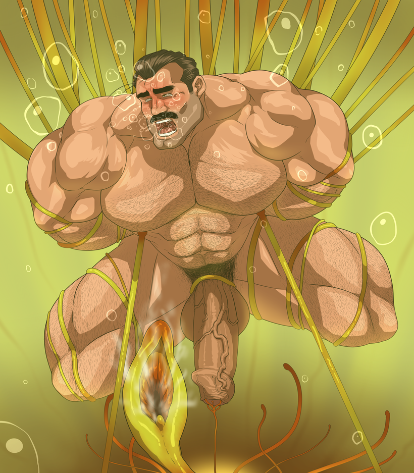 balls bara big_penis boner erection facial_hair hitenmaru male male_only moustache muscles muscular nude penis plant plant_tentacle solo solo_male underwater water