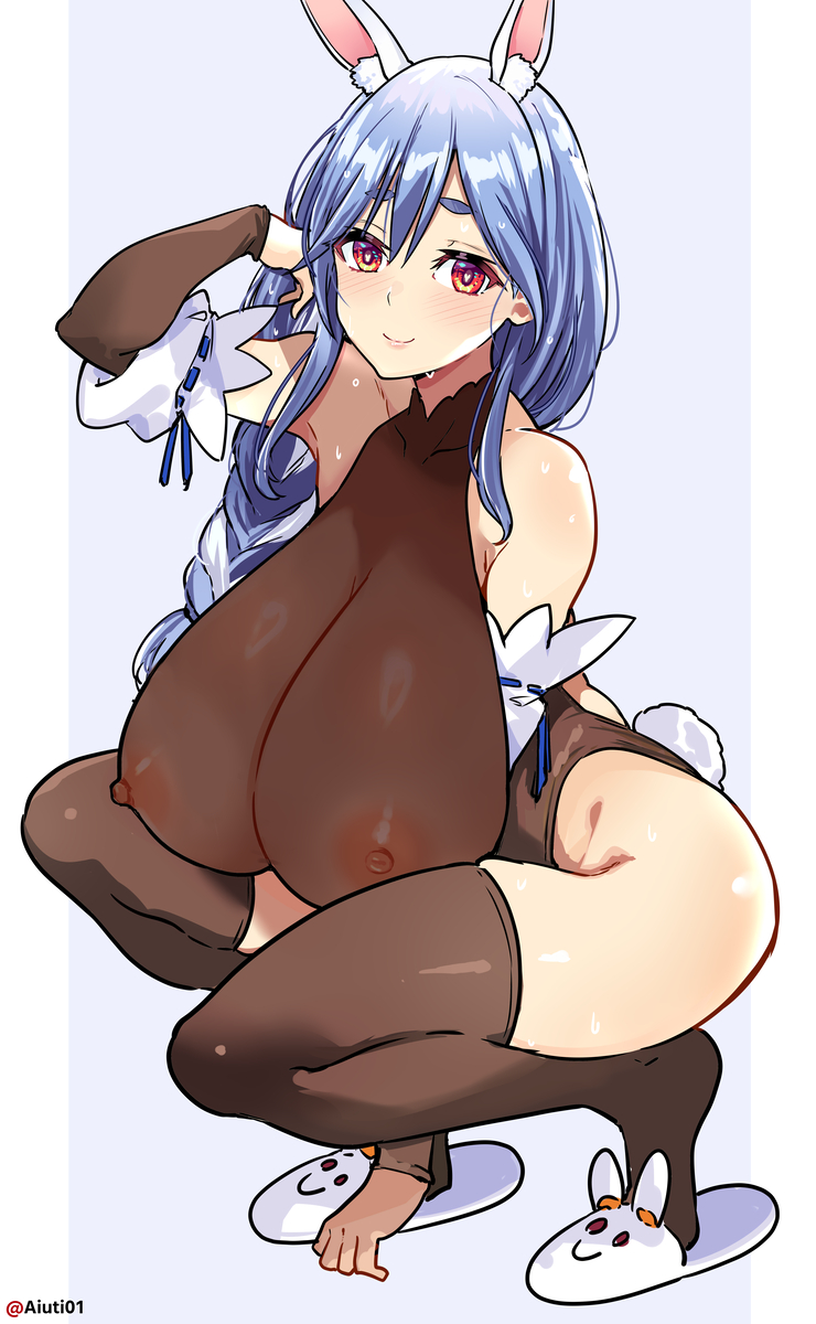 aiuti artist_name ass_visible_through_thighs blush gigantic_breasts hololive huge_ass huge_thighs leotard long_breasts nipples_visible_through_clothing one_arm_up pekomama sagging_breasts shiny_skin slippers smile squatting thick_thighs thighhighs virtual_youtuber wide_hips