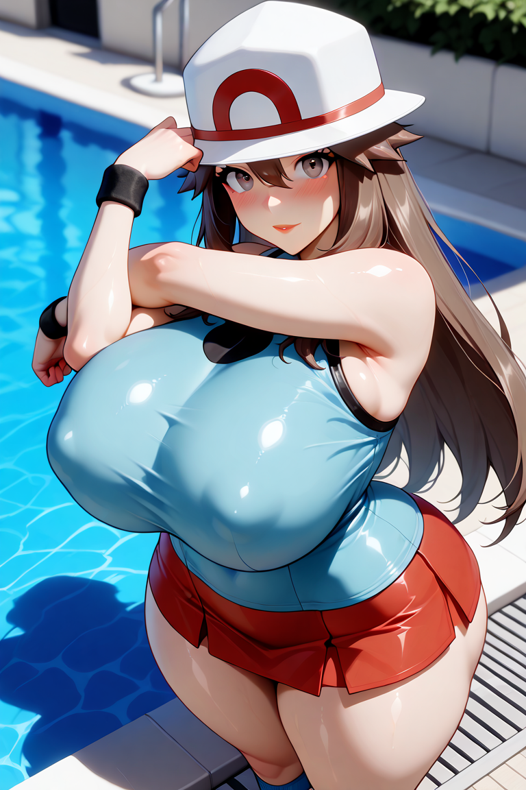 adult_female ai_generated big_breasts big_butt female hat leaf leaf_(pokemon) pokemon pose round_ass sexy skirt sleeveless_shirt stretching swimming_pool thick_thighs ul7990