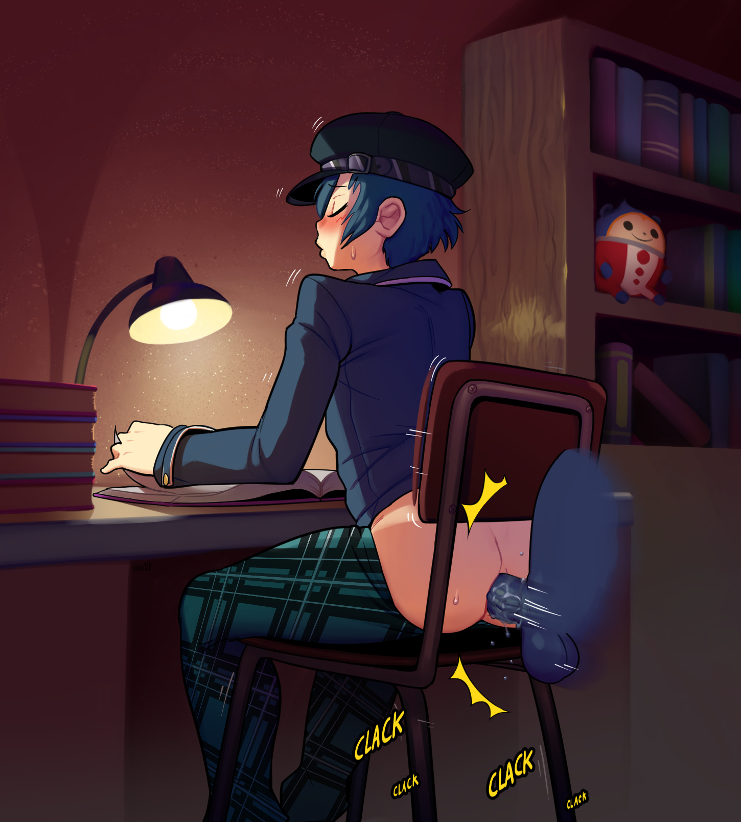 anal, anal sex, anus, ass, atlus, balls, blue hair, blush, chair, clothed sex, clothing, disembodied penis, female, from behind, hat, headwear, huge cock, human, male, megami tensei, noill, pale skin, penetration, penis, persona, persona 4, plugged ass, sex, shirogane naoto, short hair, sitting, sweat, tomboy