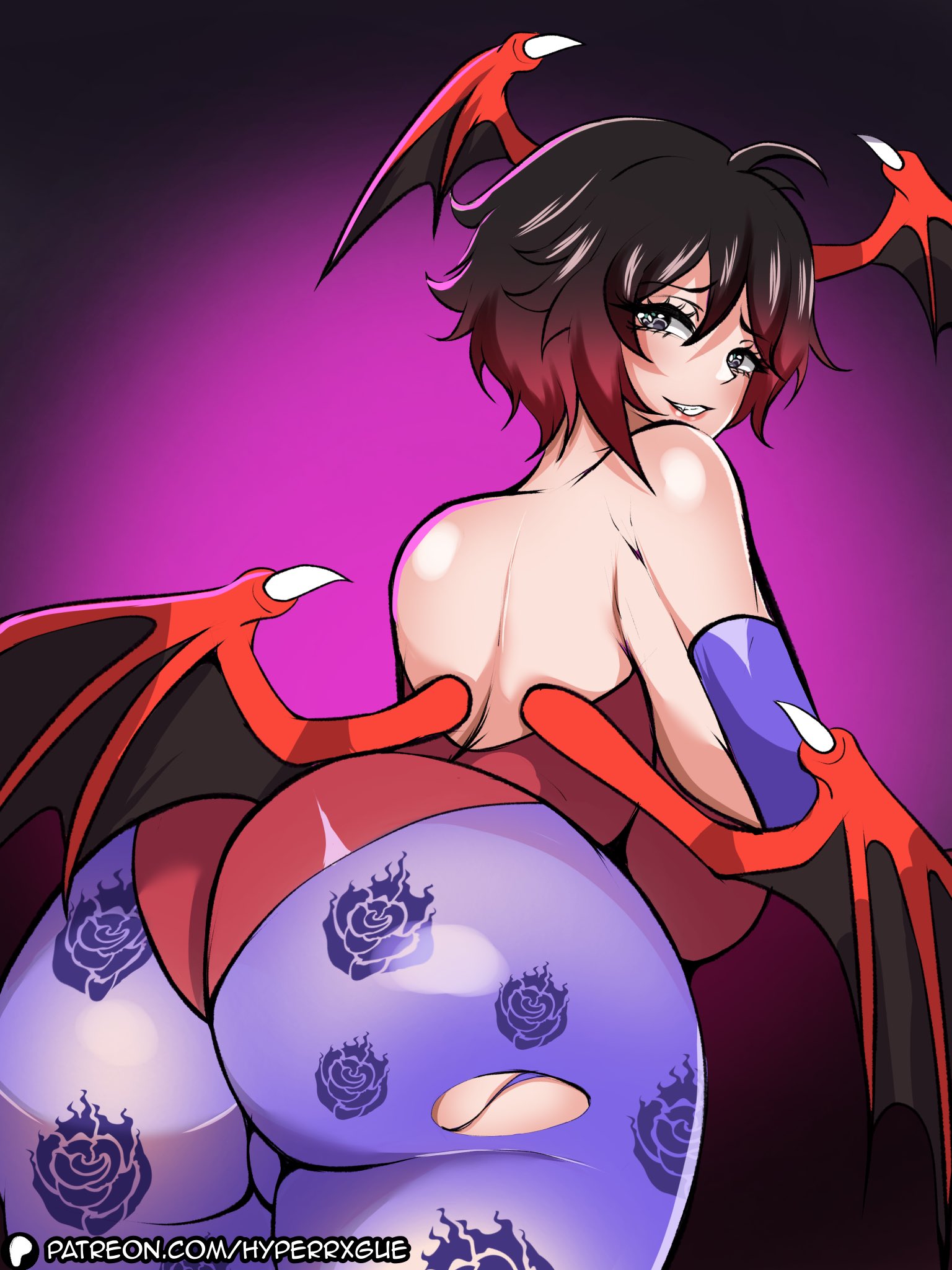1girls, ass, ass focus, big ass, big breasts, breasts, bubble ass, bubble butt, cosplay, darkstalkers, fat ass, female, female only, head wings, huge ass, hyperrxgue, large ass, light skin, light-skinned female, lilith aensland (cosplay), looking at viewer, looking back, outfit swap, ruby rose, rwby, solo, thick ass, thick thighs, wide hips, wings
