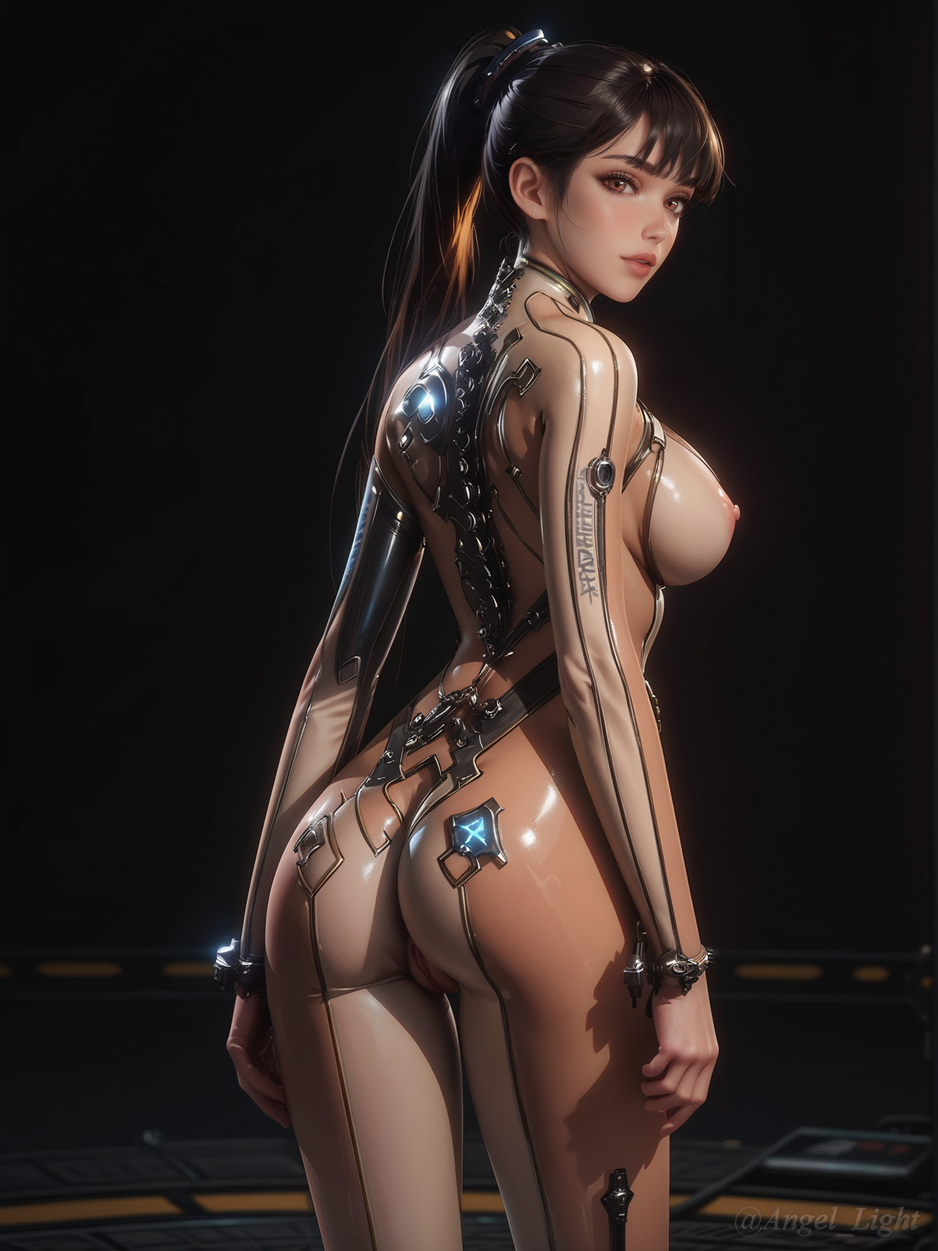 1girls, ai generated, android, angel light, angel light (artist), ass, black hair, bodysuit, breasts, brown eyes, eve (stellar blade), female, nipples, pussy, stellar blade, wide hips
