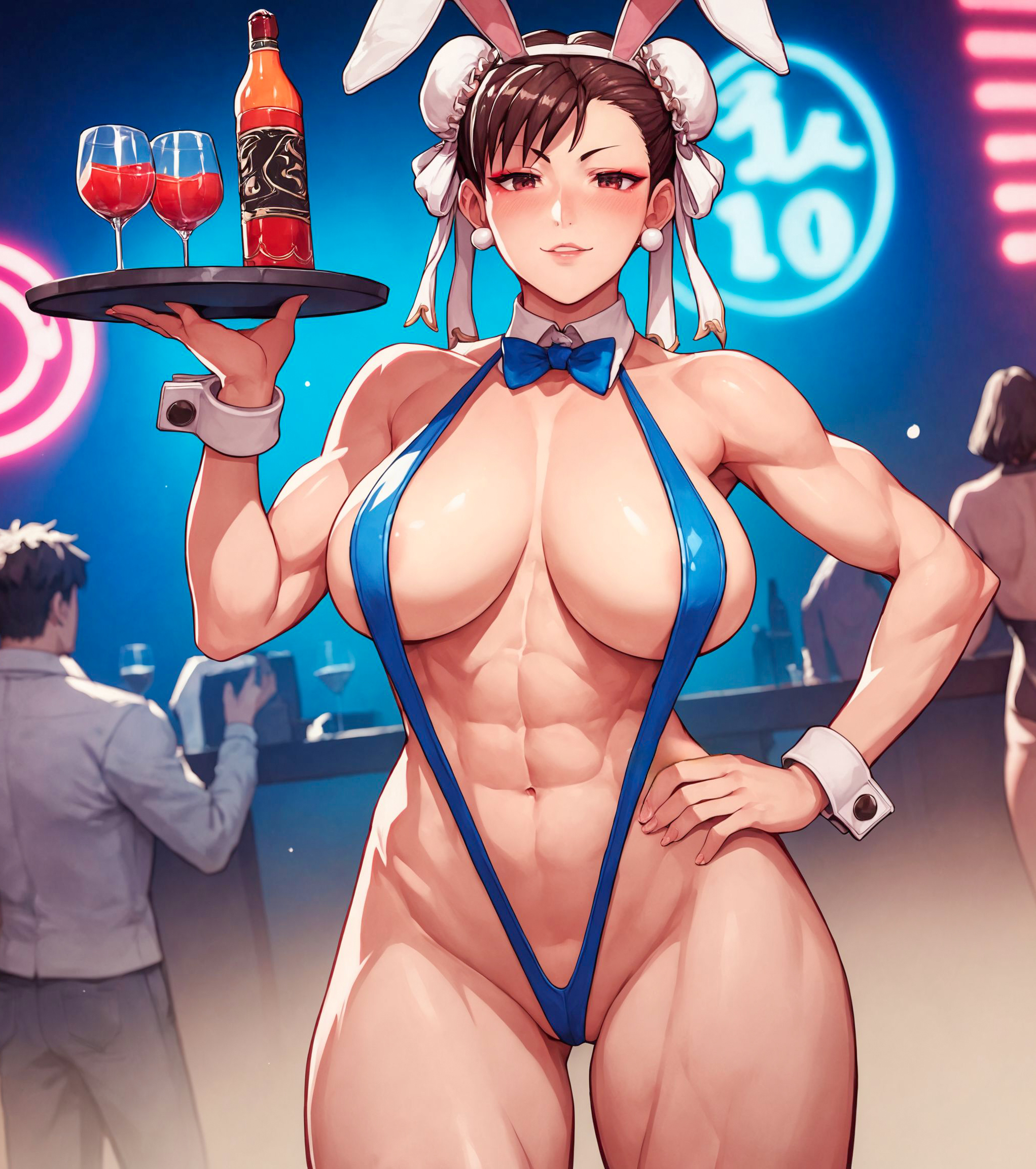 1girls, abs, ai generated, alex schura, alex-schura, areola slip, bare arms, bare legs, bare shoulders, bare thighs, big breasts, blush, breasts, brown eyes, brown hair, bunny ears, capcom, chun-li, clothed, clothing, color, female, female focus, female only, fit, fit female, hi res, large breasts, light skin, light-skinned female, looking at viewer, muscles, muscular, muscular female, partially visible vulva, pussy, short hair, sling bikini, solo, solo female, street fighter, tagme, thick thighs