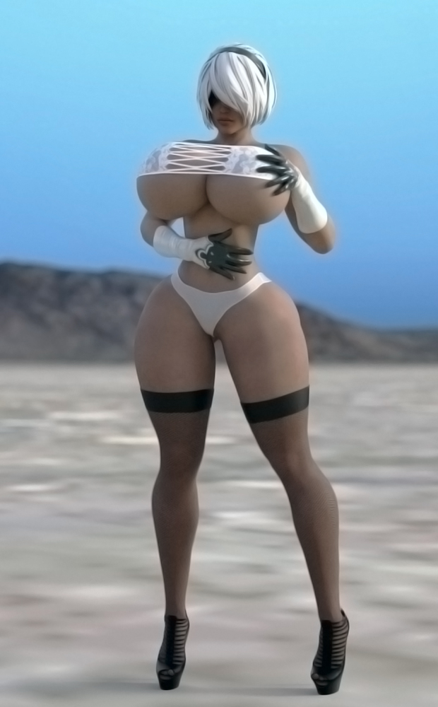 2017 3d 3d_(artwork) android android_girl big_breasts black_headband breasts endlessrain0110 female female_only hand_on_belly hand_on_breast headband heels high_heels hips light-skinned_female light_skin nier:_automata platform_heels robot robot_girl standing thick_thighs thighs voluptuous voluptuous_female white_hair wide_hips yorha_2b